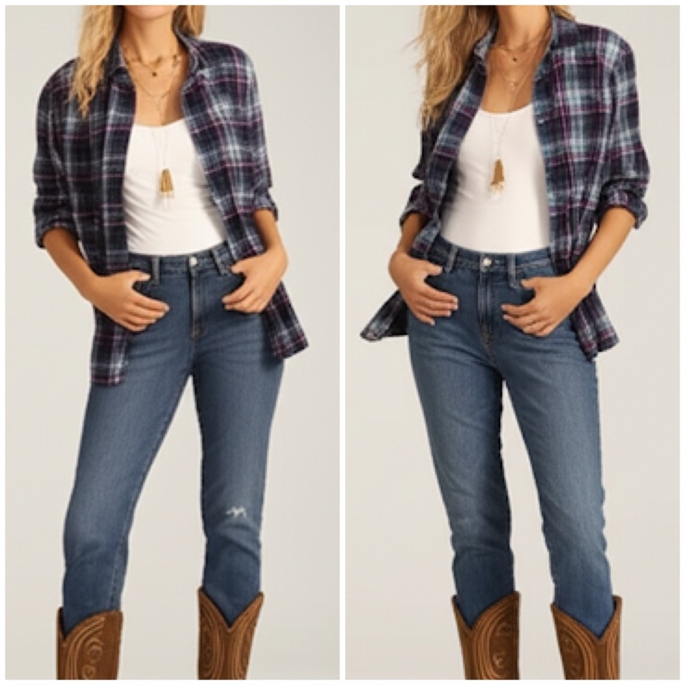 100% Cotton Long Sleeve Plaid Flannel Button‎ Front Casual Top in Blue and Red